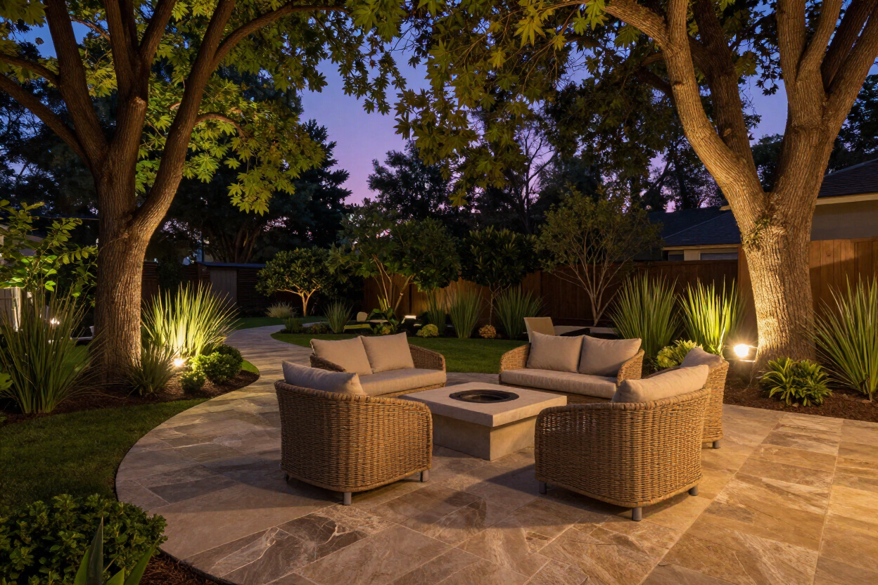 Landscape and patio lighting illuminating a backyard outdoor living space in the Charlotte, NC area at dusk.