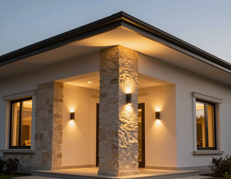 Facade with integrated architectural lighting glowing warm gold