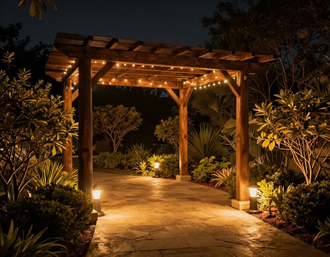 Lit patio and pergola at night with warm landscape lighting