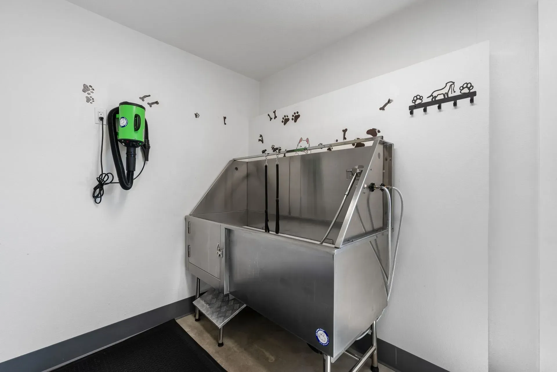 Stainless steel dog-washing tub in a clean white grooming room with a wall-mounted green dryer