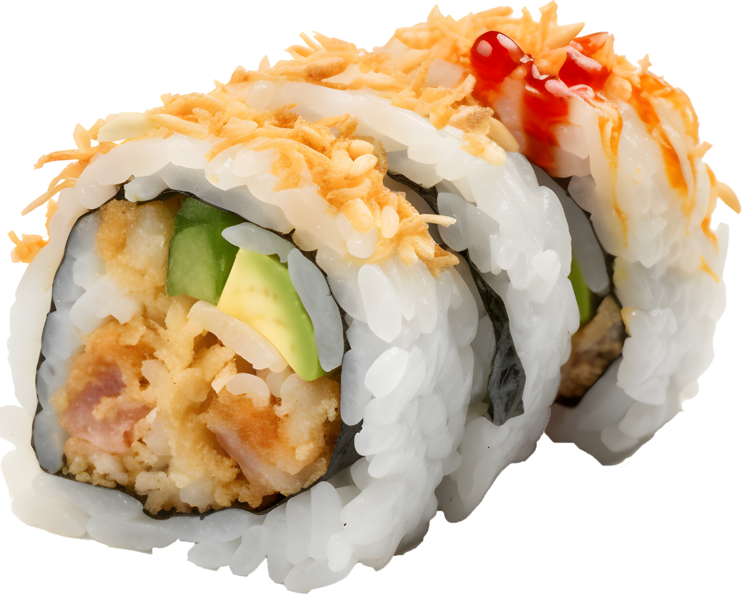 Sushi roll, tempura-fried, avocado, with crispy topping and drizzle of sauce.
