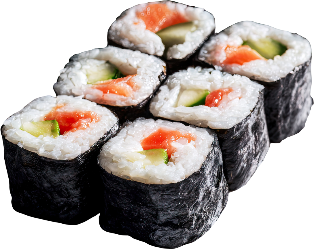Sushi roll with salmon, cucumber, and nori seaweed.