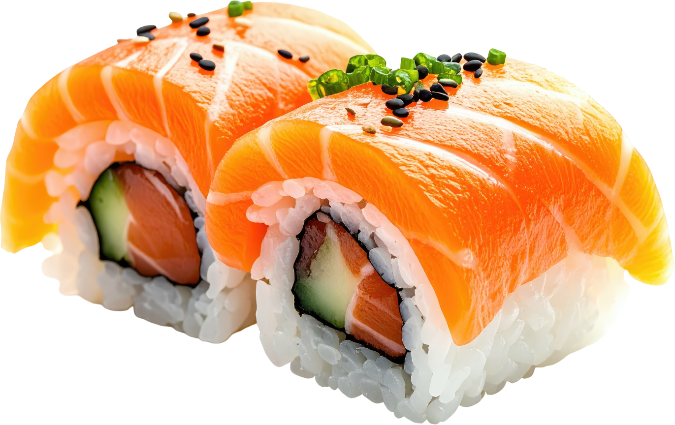 Two sushi rolls: salmon-topped, with salmon and cucumber filling, garnished with black sesame seeds and green onions.