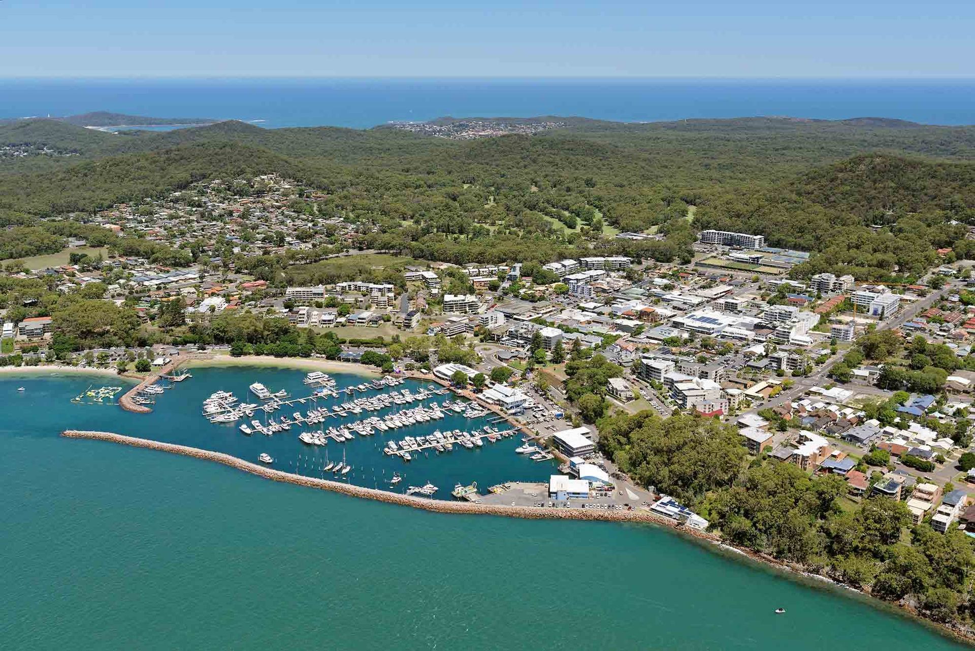 An Aerial View Of A Harbor With Boats Docked In It โ MINXxx Sensual Erotic Boutique in Port Port Stephens, NSW