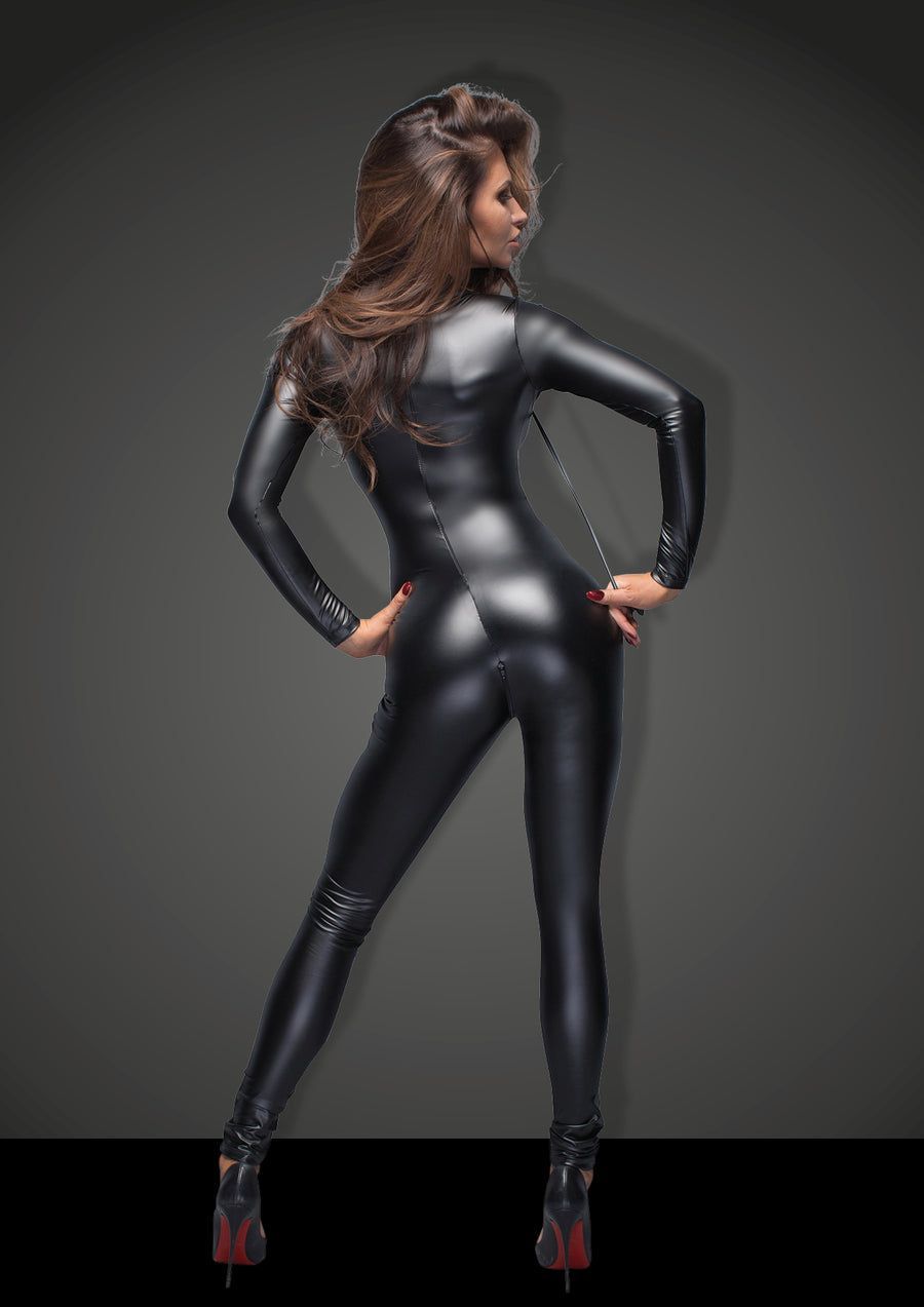 A Woman is Wearing a Black Leather Jumpsuit and Red Heels — MINXxx Sensual Erotic Boutique in Central Coast, NSW