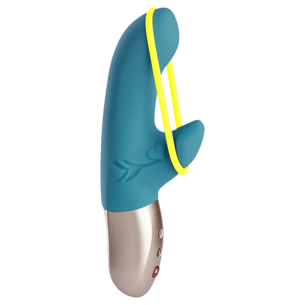 A blue toy with a yellow rubber band around it