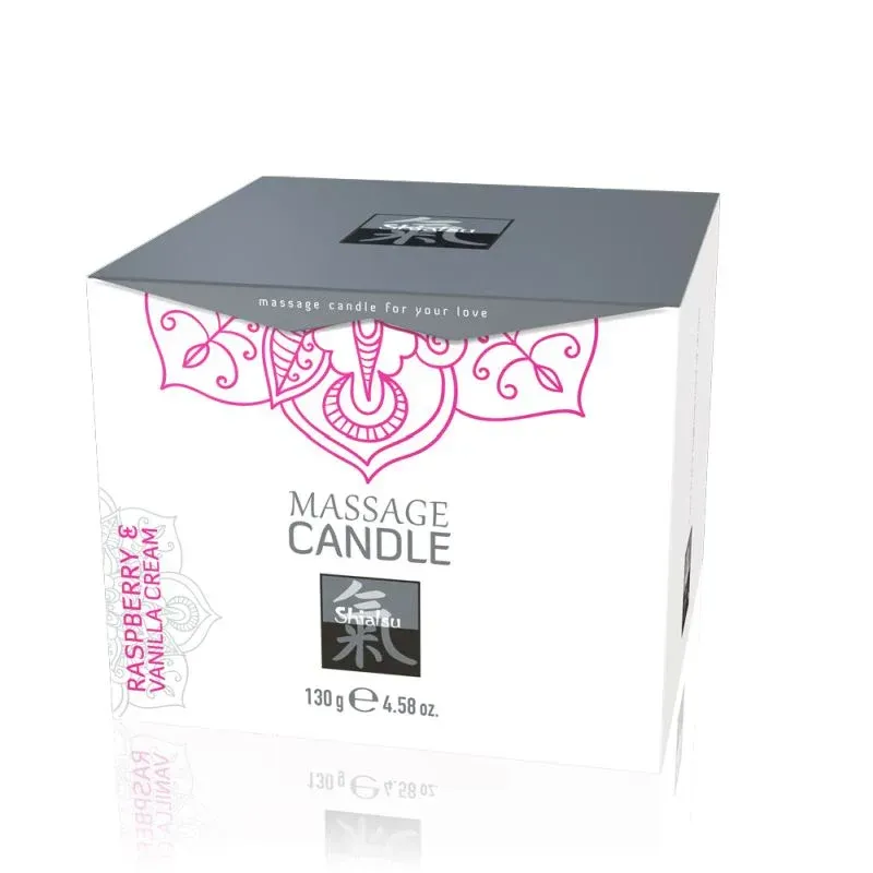 A raspberry and vanilla cream massage candle in a box