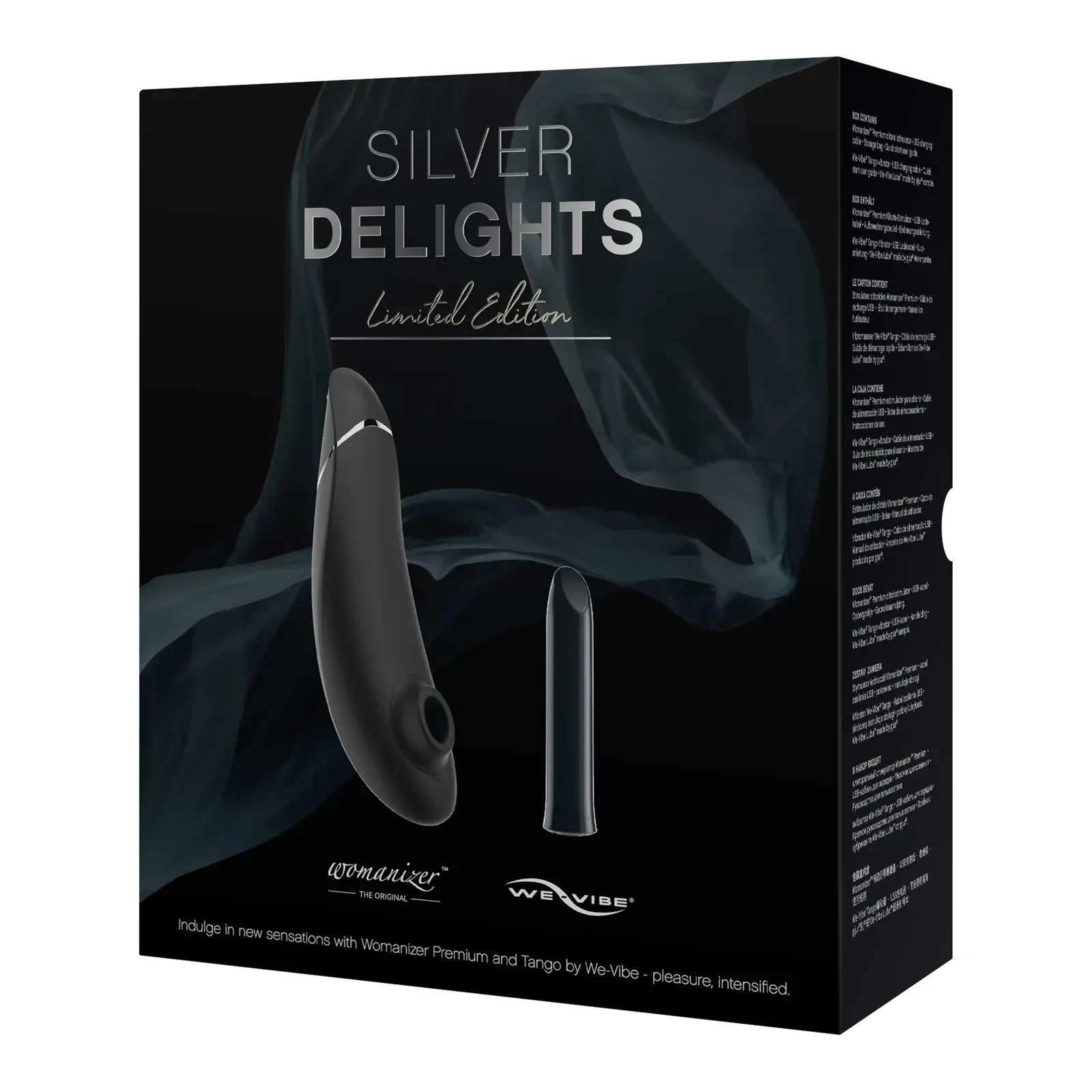 A black box with silver delights written on it
