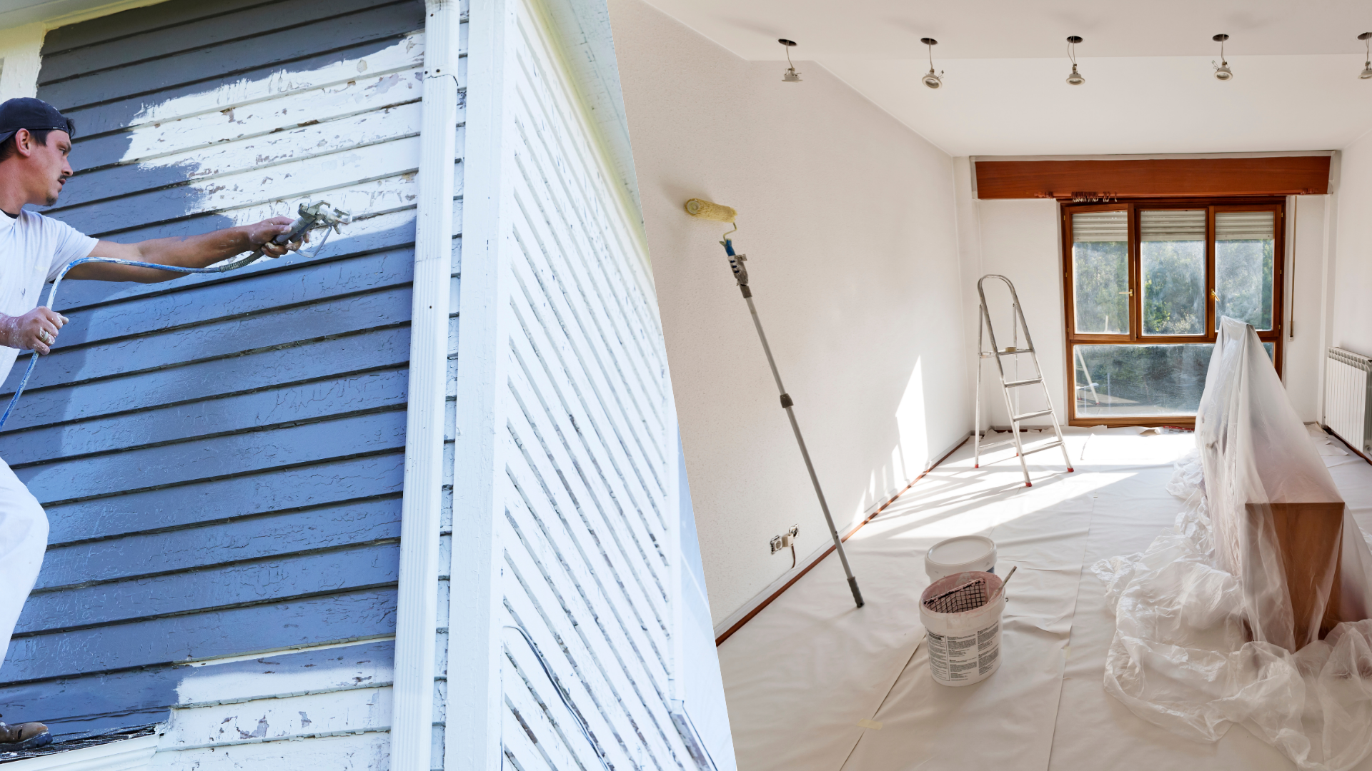 Left: Man sprays dark blue paint on siding. Right: Room being painted white.