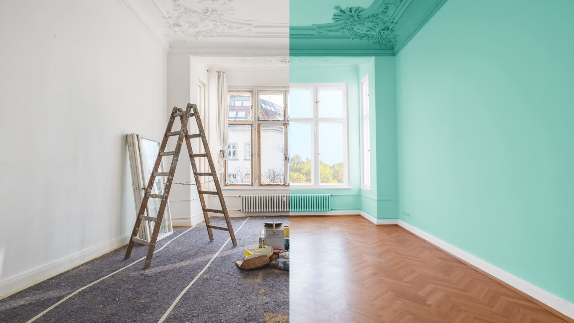 Room divided, left side unpainted, right side painted teal; ladder, window.