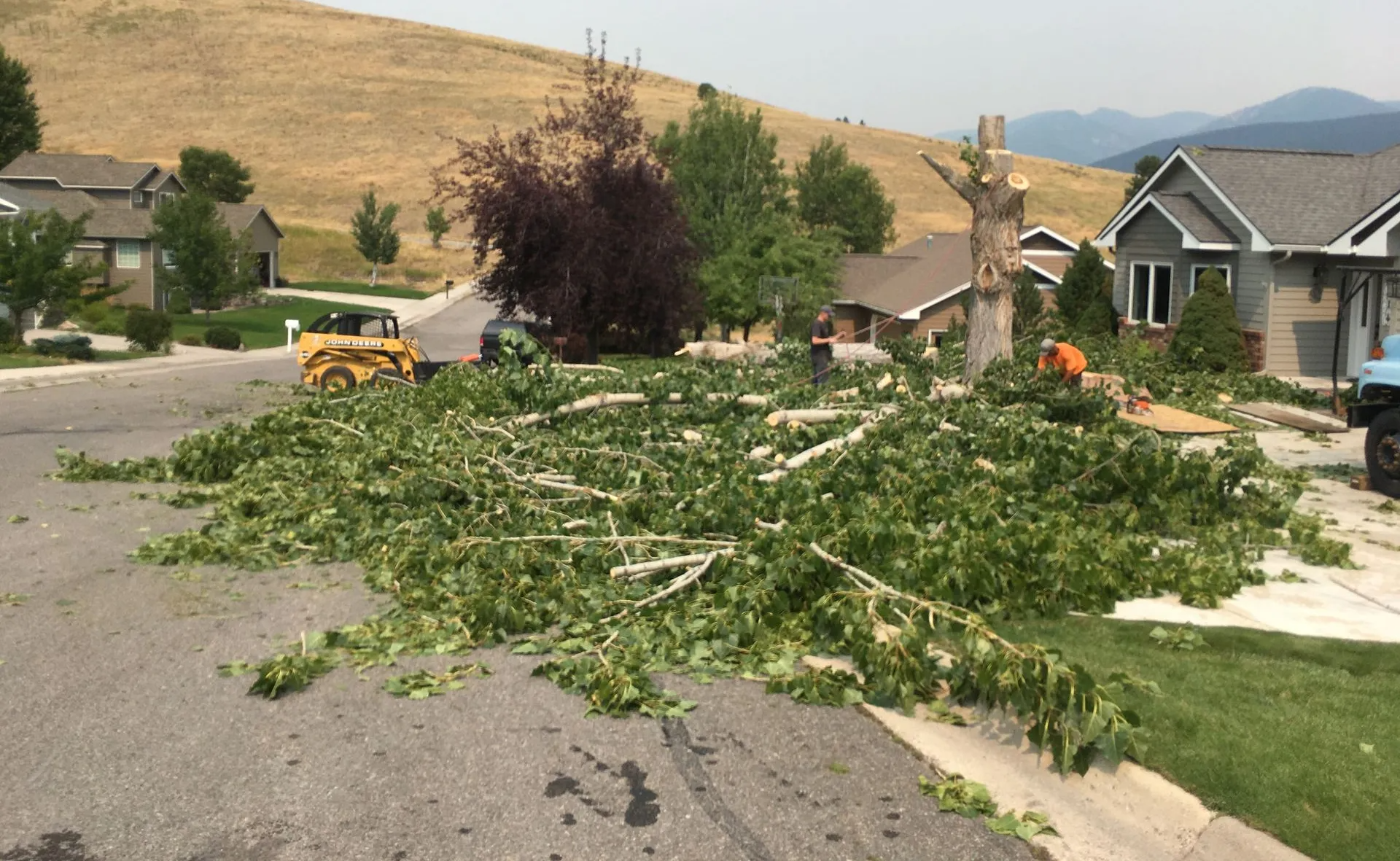 Tree limbs and branches scattered across a suburban street near houses and a hill