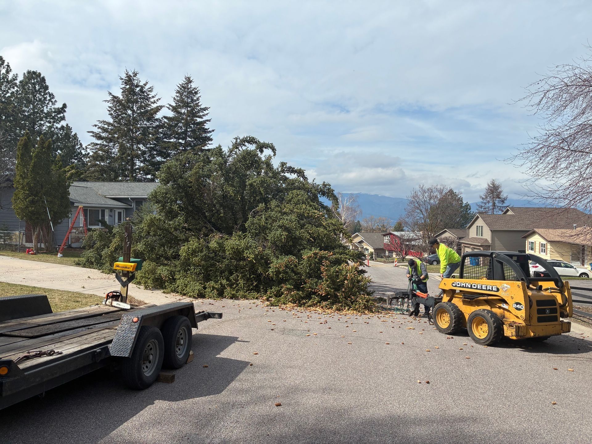 Yellow skid steer clearing a fallen tree from a gravel road beside a flatbed truck