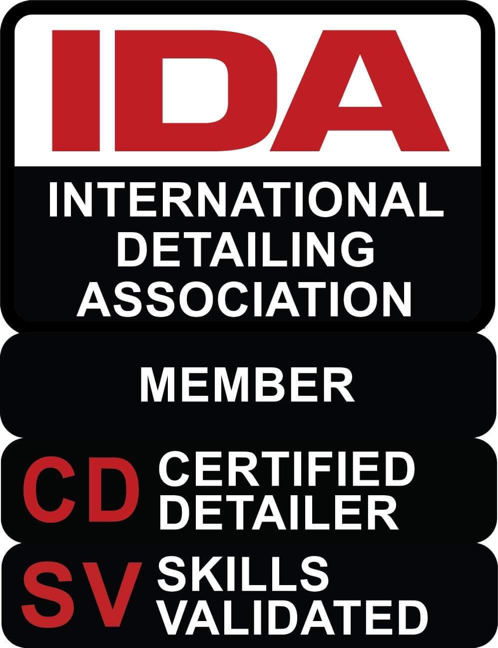 Logo for the International Detailing Association, showing membership status as a Certified Detailer (CD) with Skills Validated.