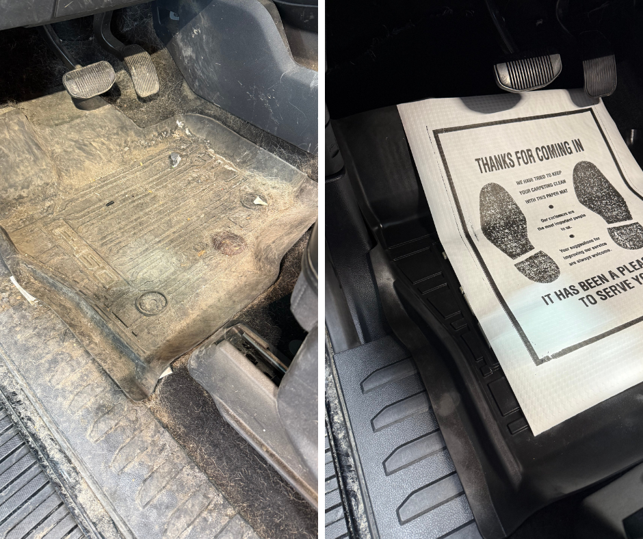 Before and after comparison of a vehicle floor, showing a dirty, soiled carpet cleaned and covered with a paper floor mat.