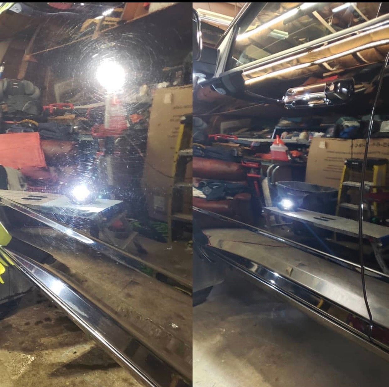 Before and after paint correction comparison on a black vehicle at X-Treme Detailing in Fargo, North Dakota