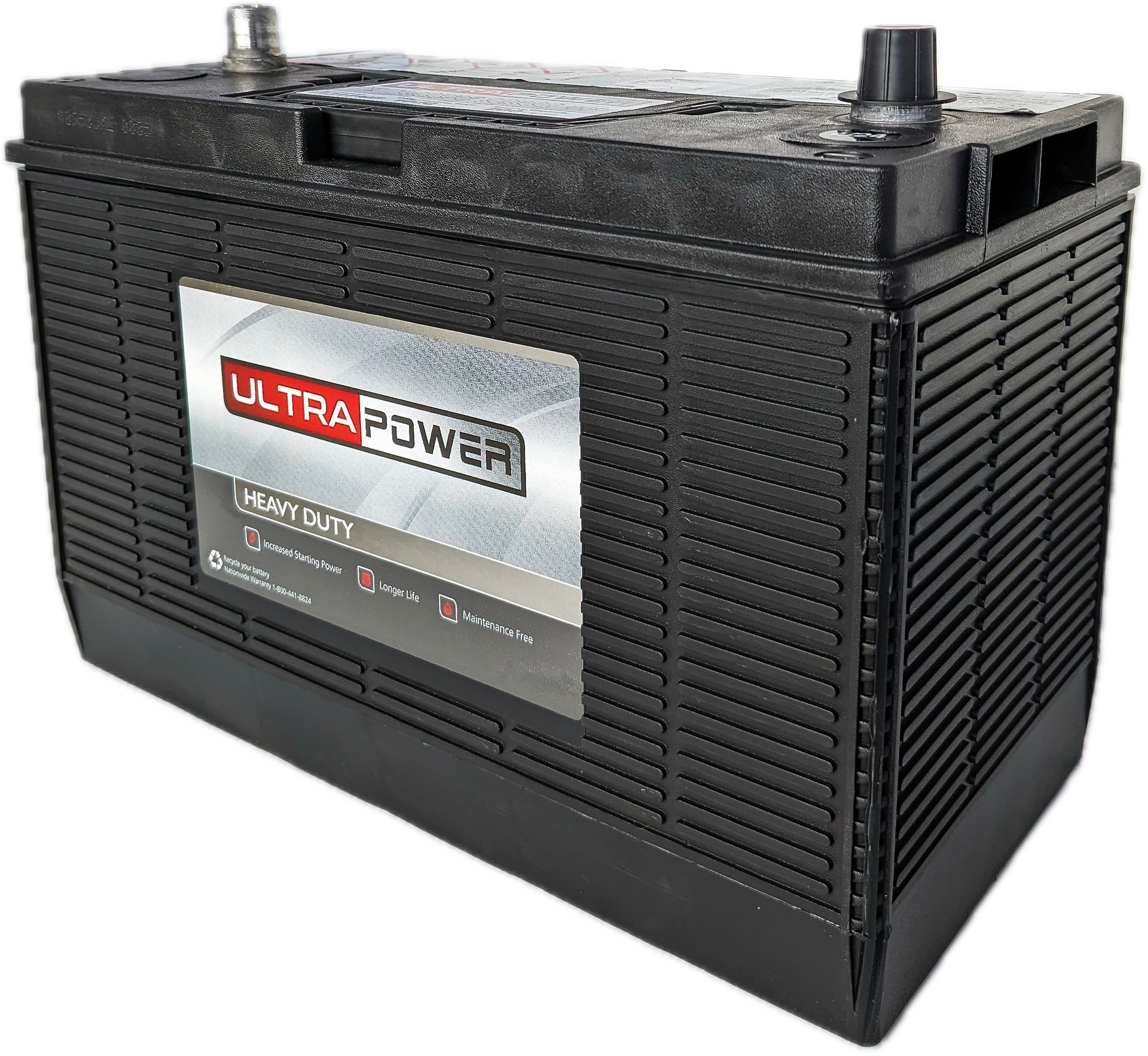 Black Ultra Power automotive battery with silver and red label.