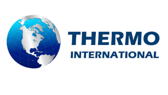 A logo for thermo international with a globe in the middle