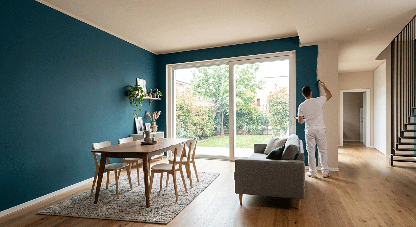 Soggiorno-sala da pranzo moderno con parete d'accento color verde acqua, tavolo in legno, divano grigio e quadro raffigurante persone vicino alle porte scorrevoli.