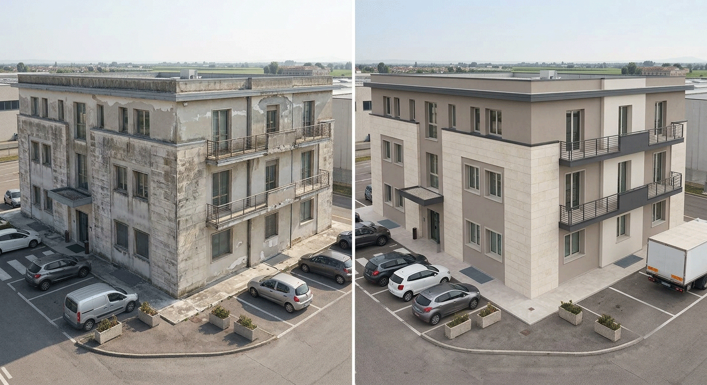 Vista affiancata dello stesso edificio residenziale beige in costruzione, con le auto parcheggiate sottostanti.