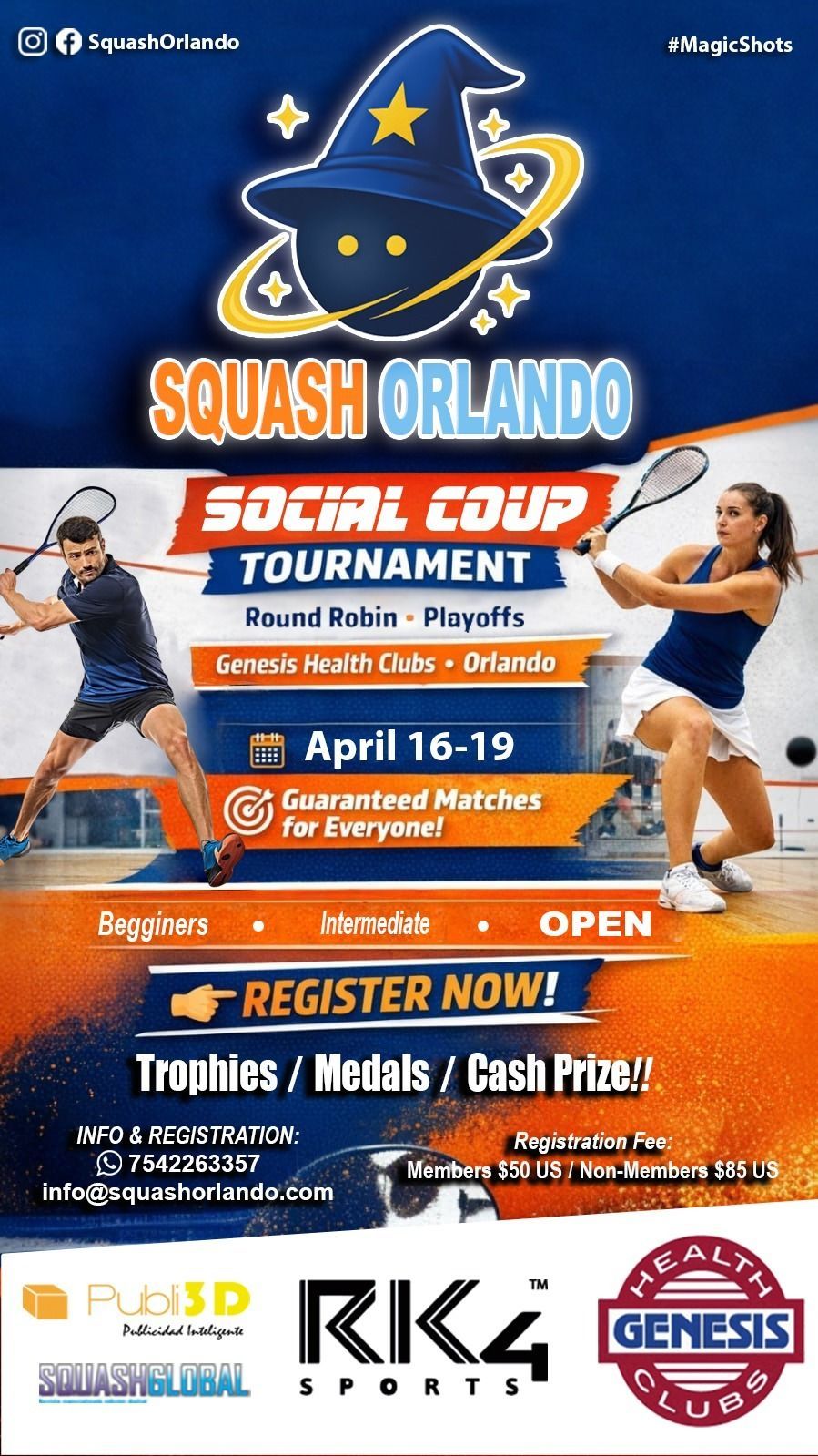 Squash tournament poster: Squash Orlando Social Cup, featuring players, wizard logo, text, and logos.