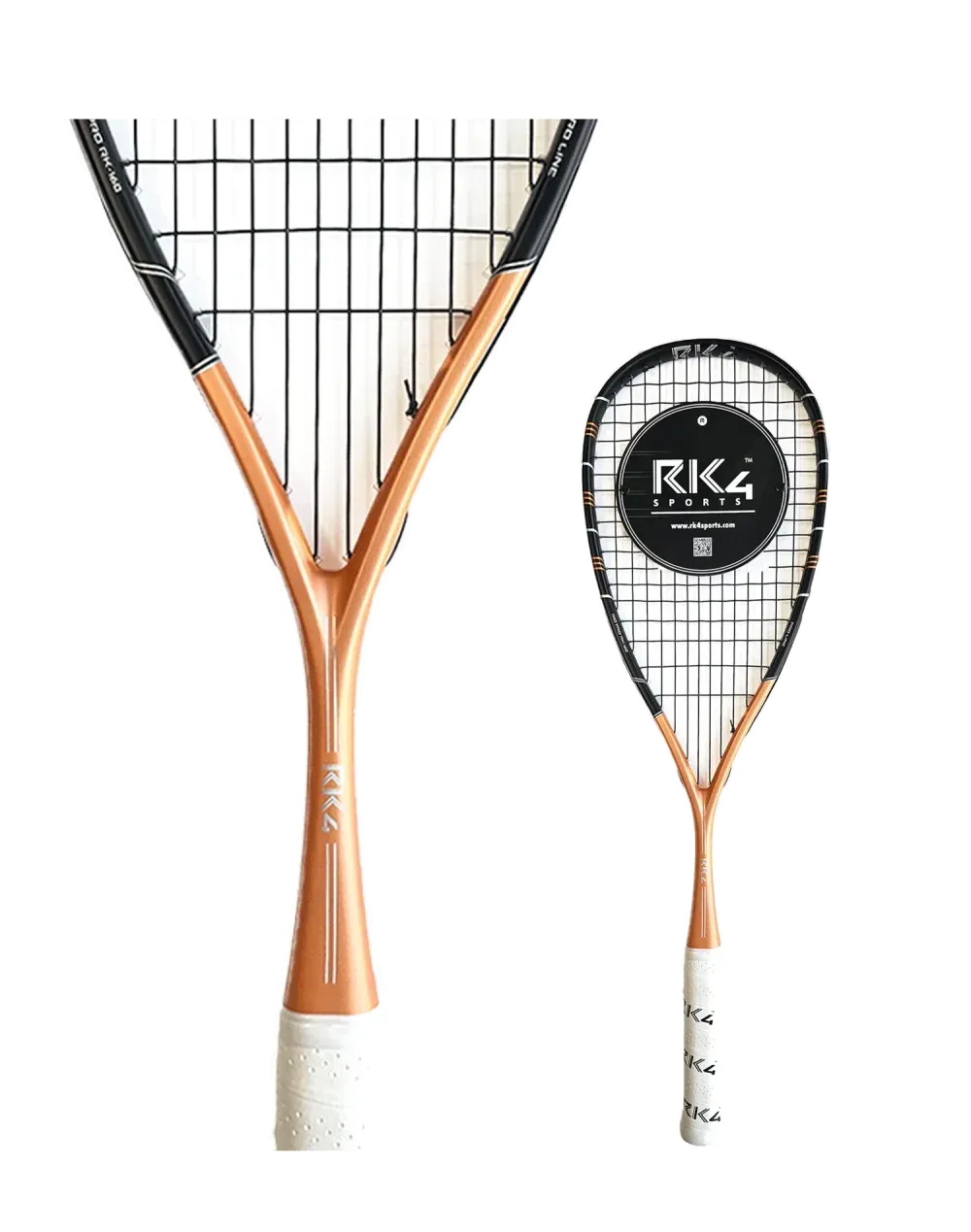 Two bronze squash rackets with black strings, white grips, and brand name