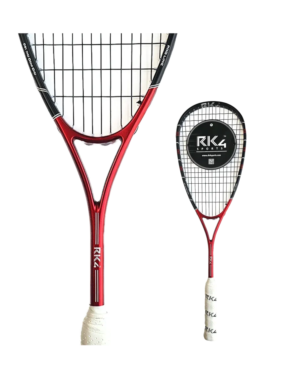 Red and black squash racquets, one full-sized, and one miniature, against a white background.