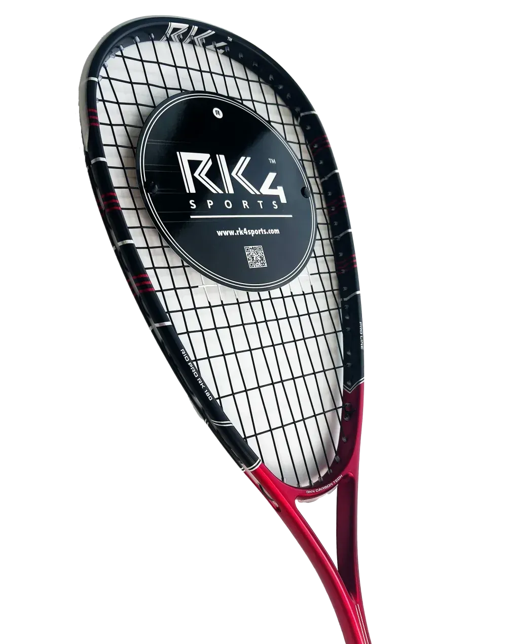 Red and black squash racquets, one full-sized, and one miniature, against a white background.