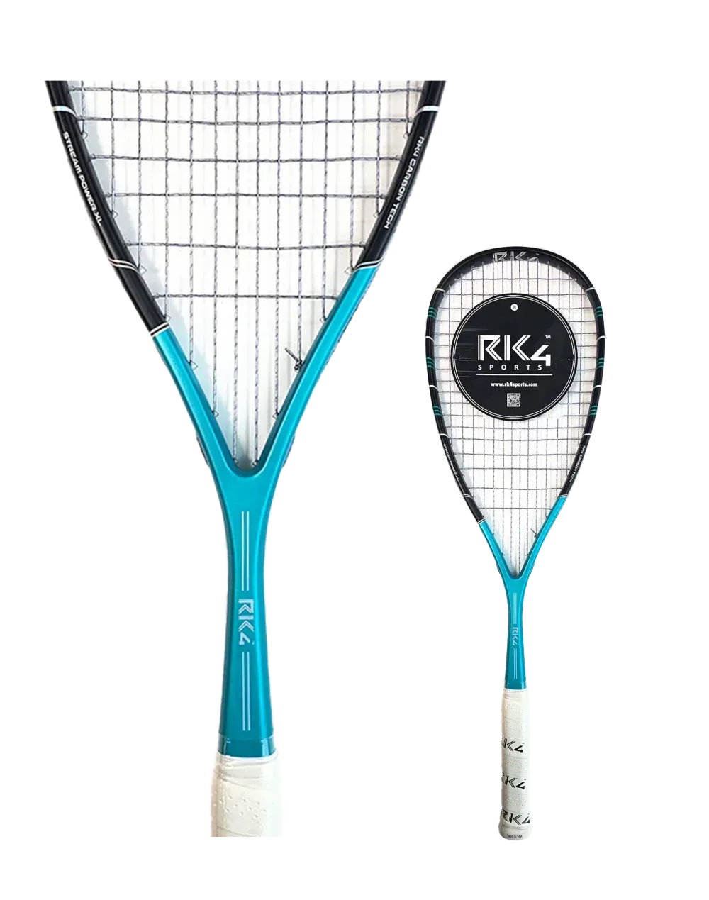 Two turquoise squash rackets, one larger than the other, with black and white stringing, against a white background.