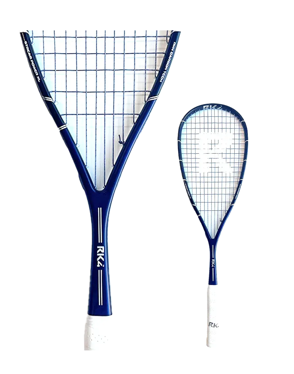 Two dark blue squash rackets, one large and one small, with white stringing.
