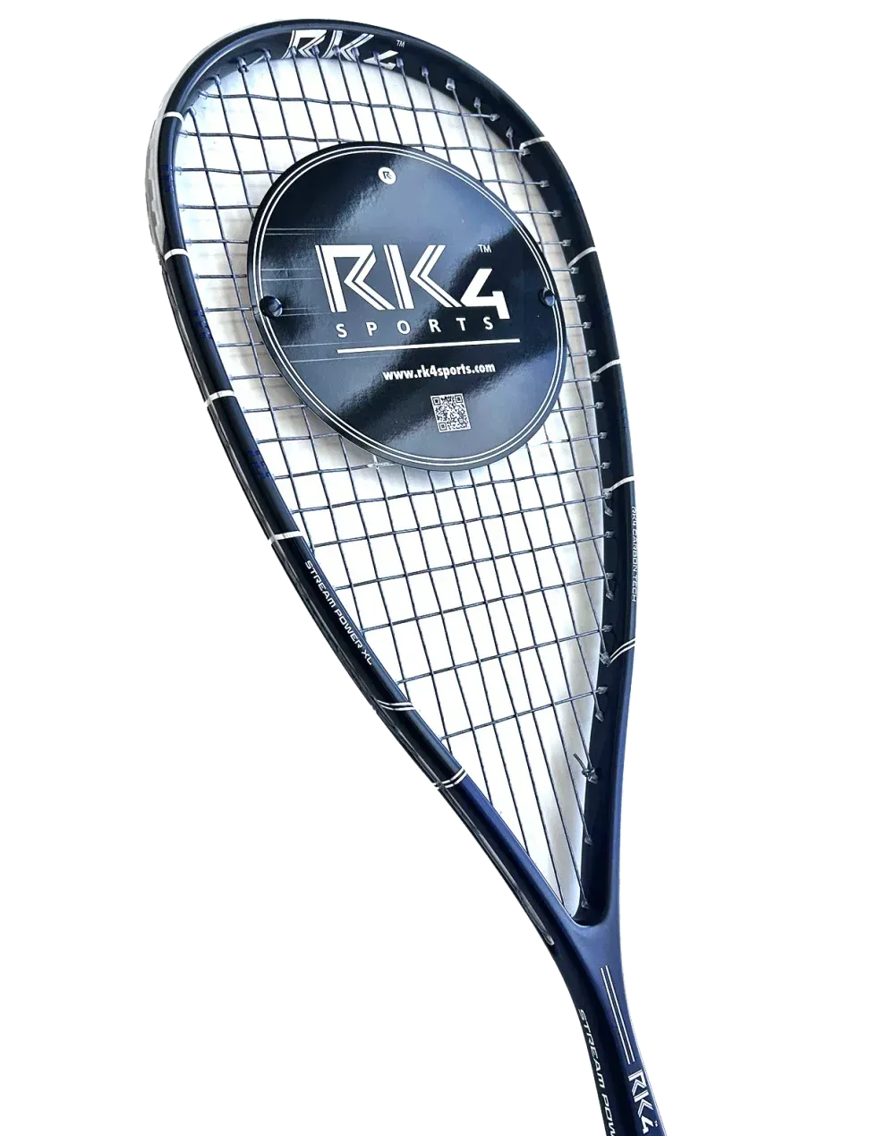 Two dark blue squash rackets, one large and one small, with white stringing.