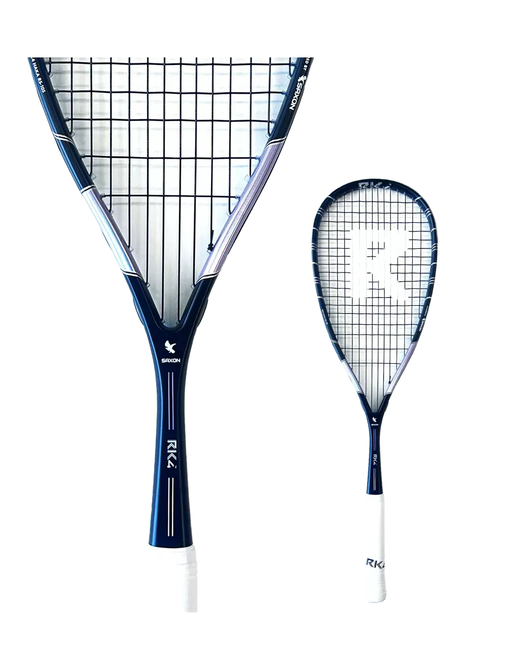 Two squash rackets, one triangular, one teardrop-shaped, dark blue with white grips, on a white background.