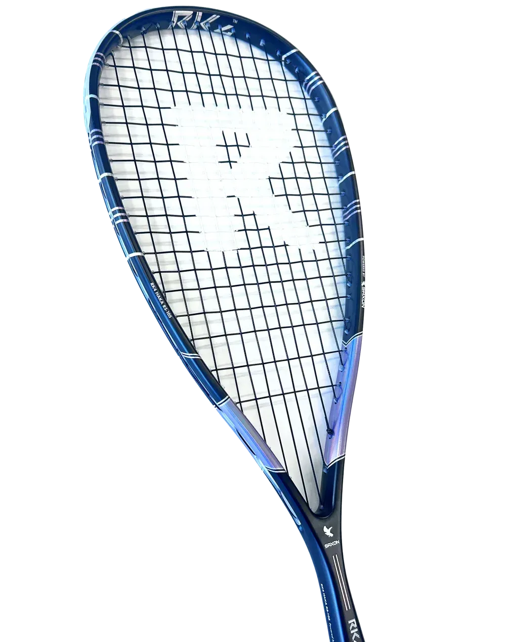 Two squash rackets, one triangular, one teardrop-shaped, dark blue with white grips, on a white background.