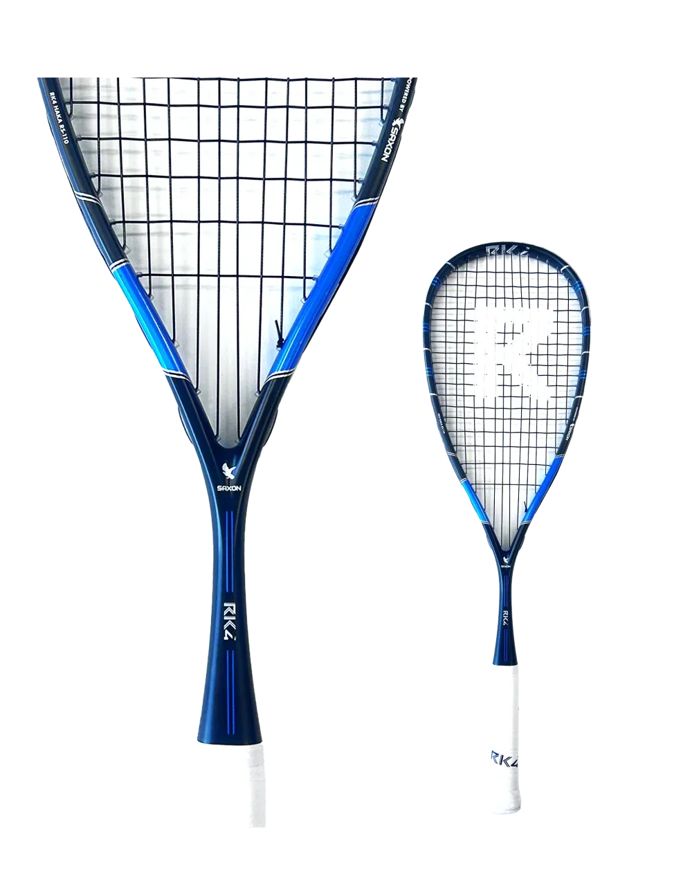 Two squash rackets, one large and one small, both with blue and white frames and stringing.