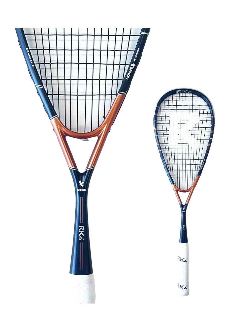 Two squash racquets with blue and copper frames, white grips, and strung nets.