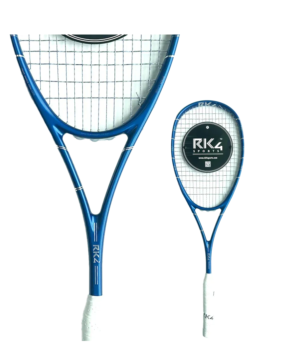 Two blue squash racquets, one larger and one smaller, with white strings and handles.