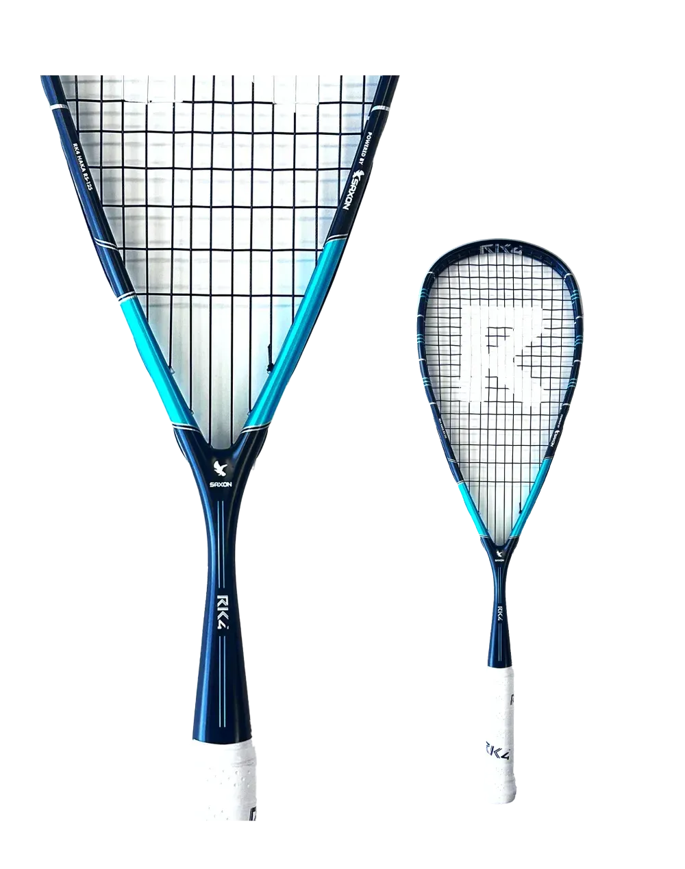 Two squash rackets: large and small, blue and white, on white background.