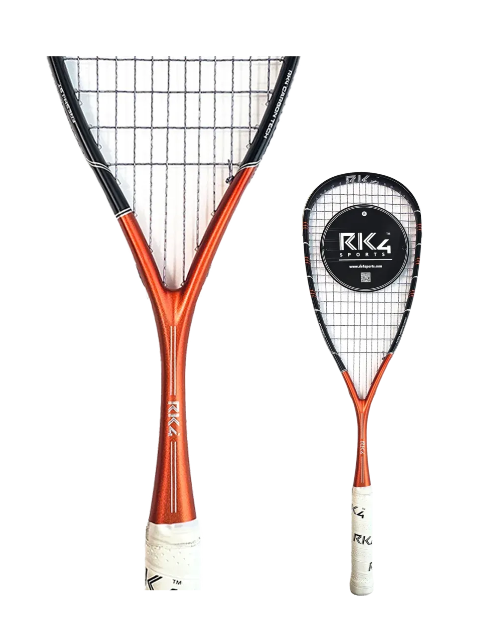 Two squash rackets, one large and one small, both with orange frames and black netting, against a white background.