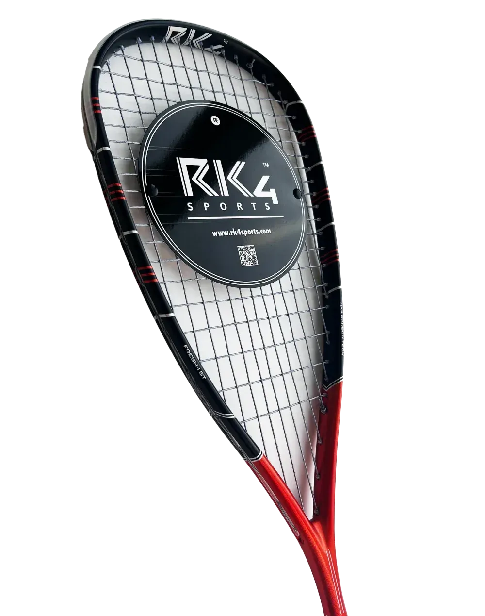 Two squash rackets, one large and one small, both with orange frames and black netting, against a white background.