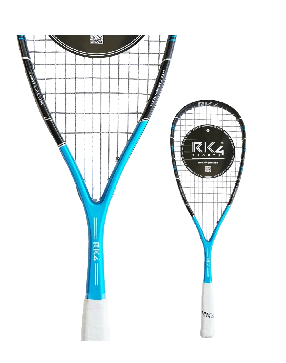 Two blue and black squash rackets.