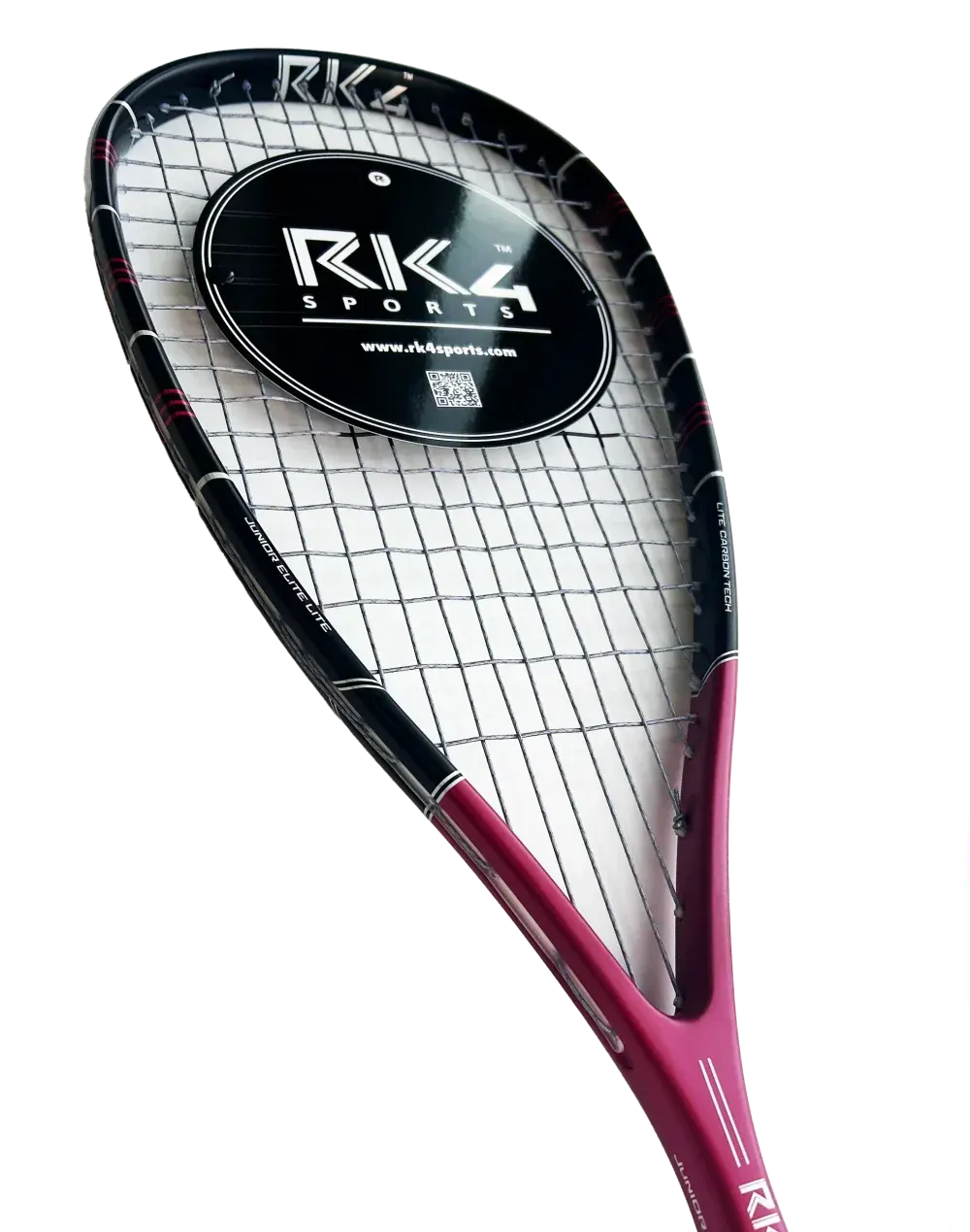 Squash racquet with black frame and burgundy handle, featuring RKZ Sports branding.
