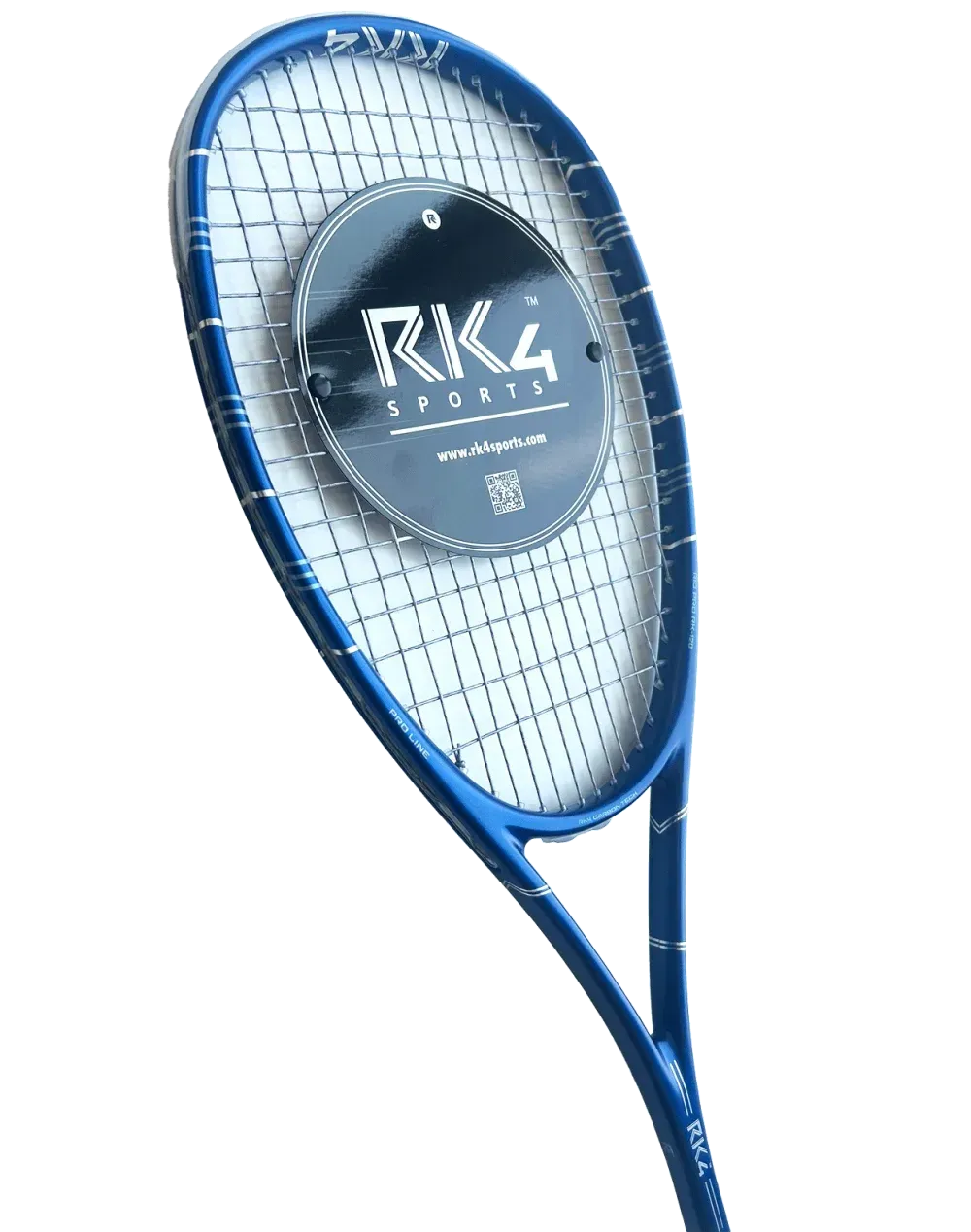 Two blue squash racquets, one larger and one smaller, with white strings and handles.