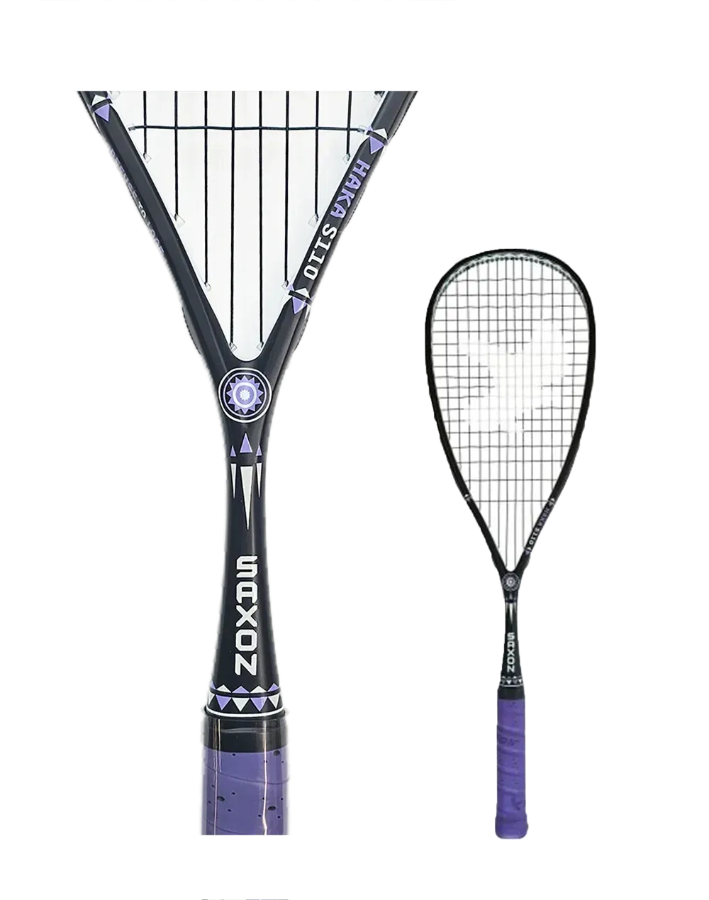 Two black and purple squash rackets, one close up, one at a distance, both on a white background.