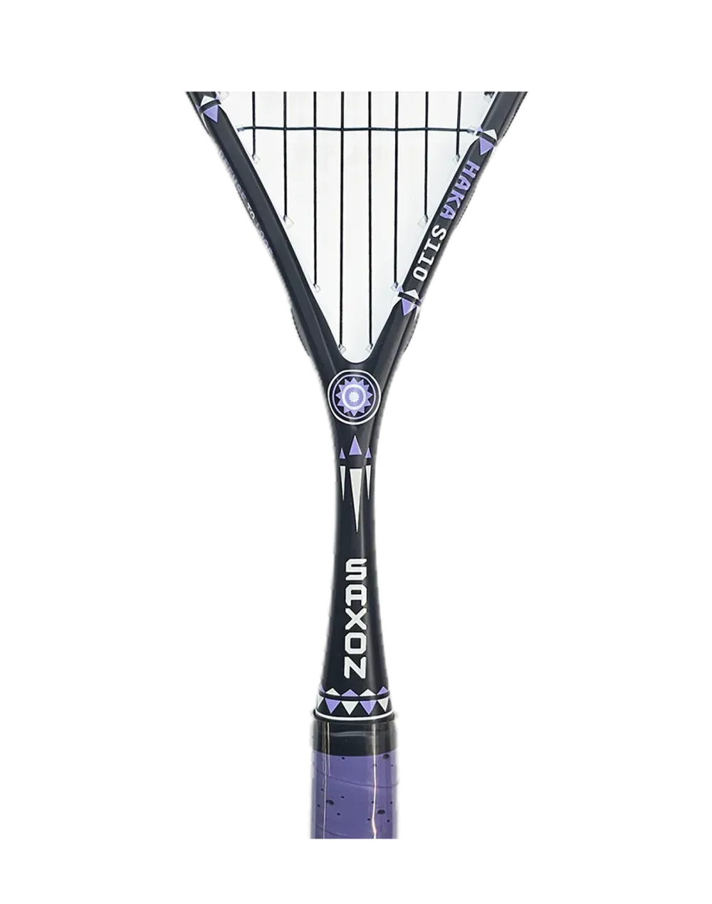 Two black and purple squash rackets, one close up, one at a distance, both on a white background.