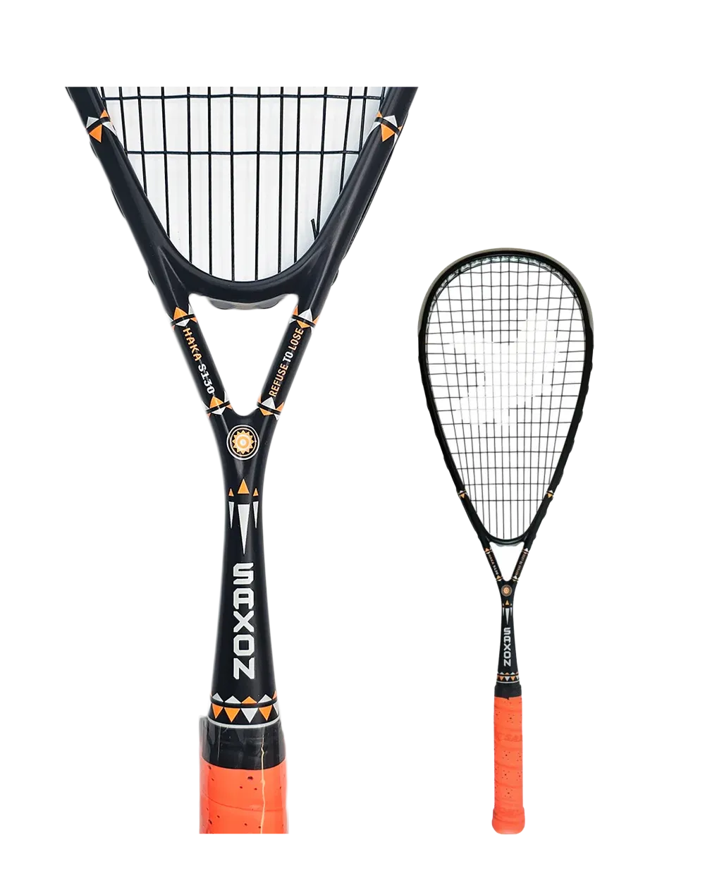 Two black and orange squash rackets, one close-up, the other smaller, angled.