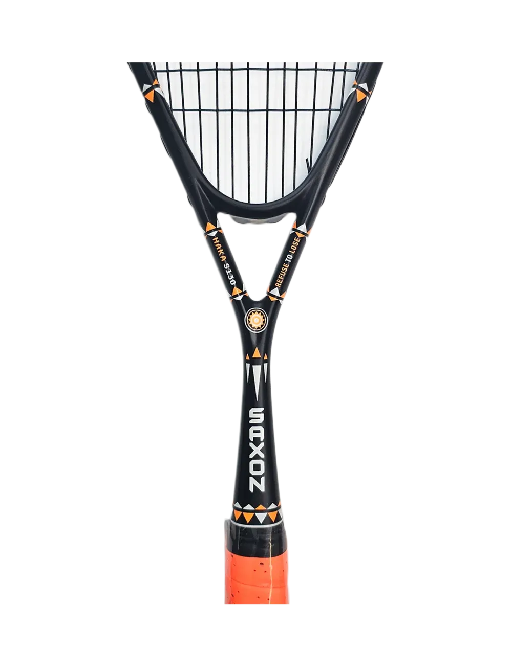 Two black and orange squash rackets, one close-up, the other smaller, angled.