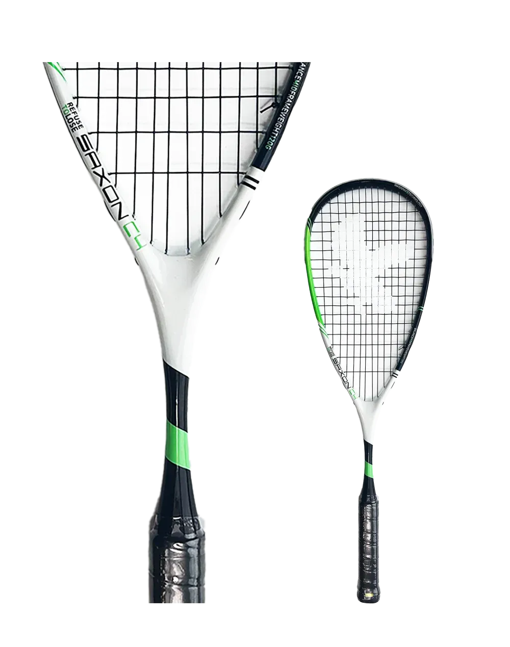 Two squash rackets, white and black with green accents. One is larger, the other smaller.