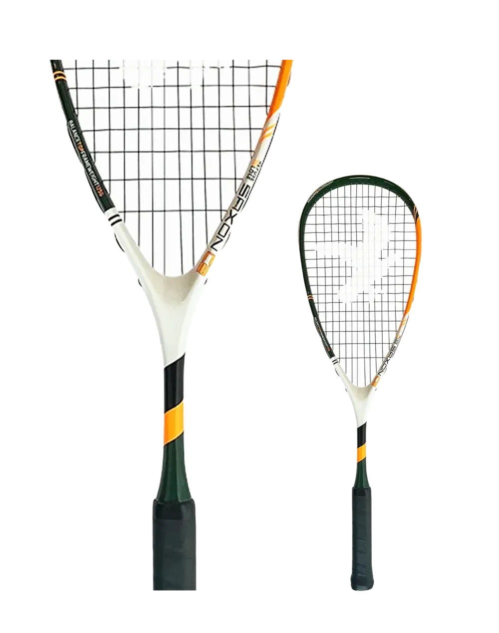 Two squash rackets, one large and one small, against a white background. Black, green, white, and orange color scheme.