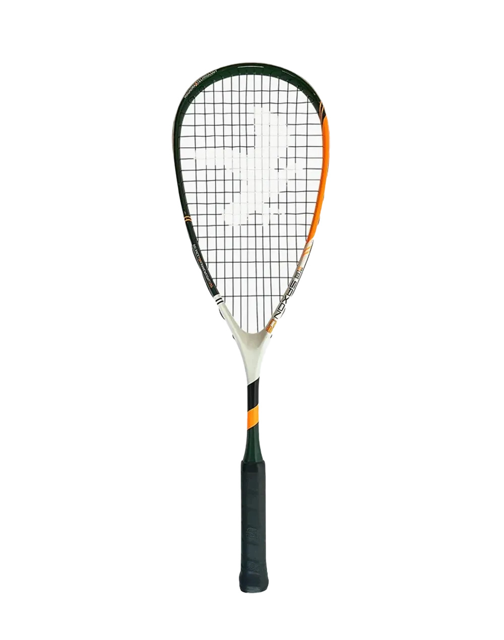 Two squash rackets, one large and one small, against a white background. Black, green, white, and orange color scheme.