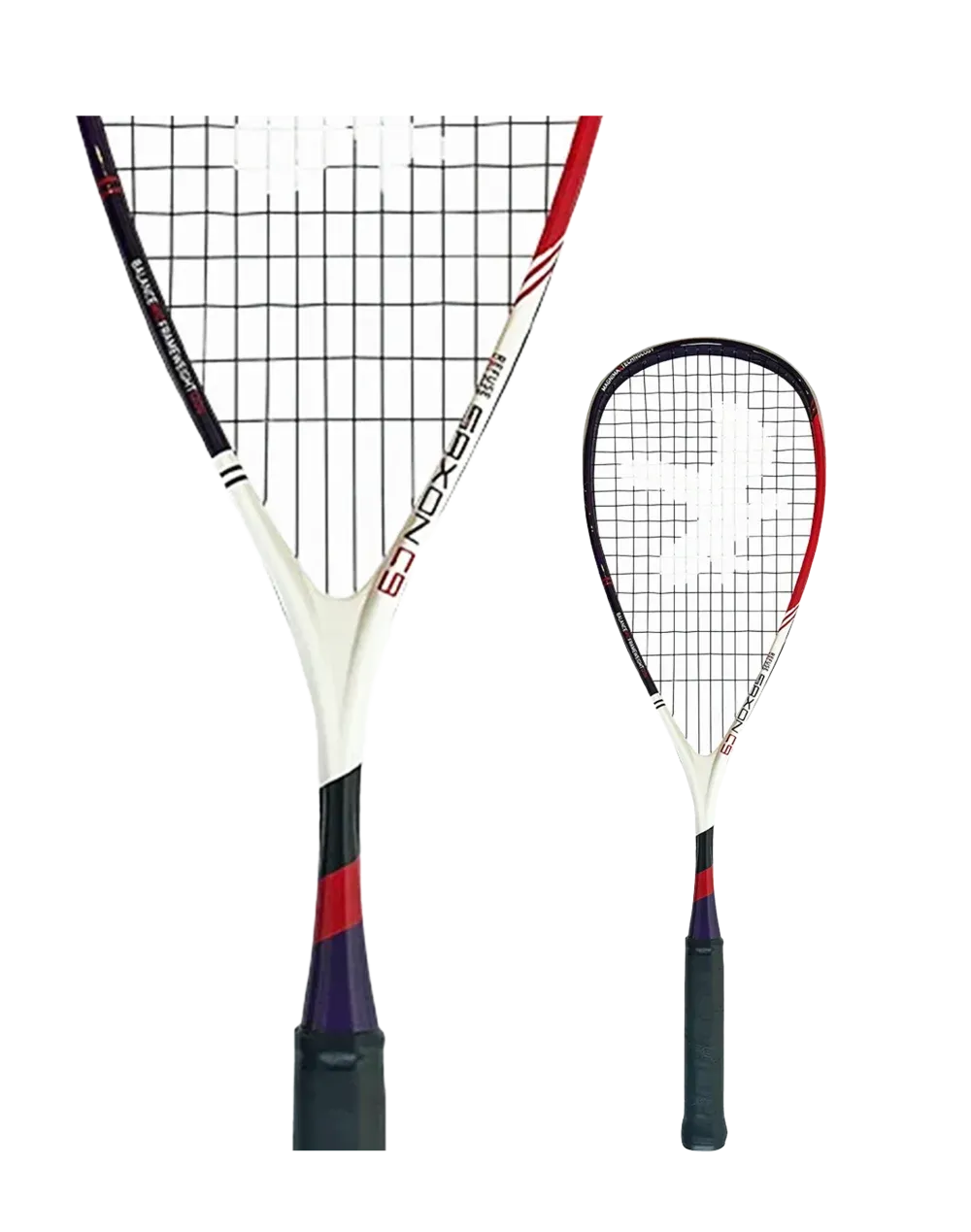 Two squash rackets, one large and one small, white, black, and red.