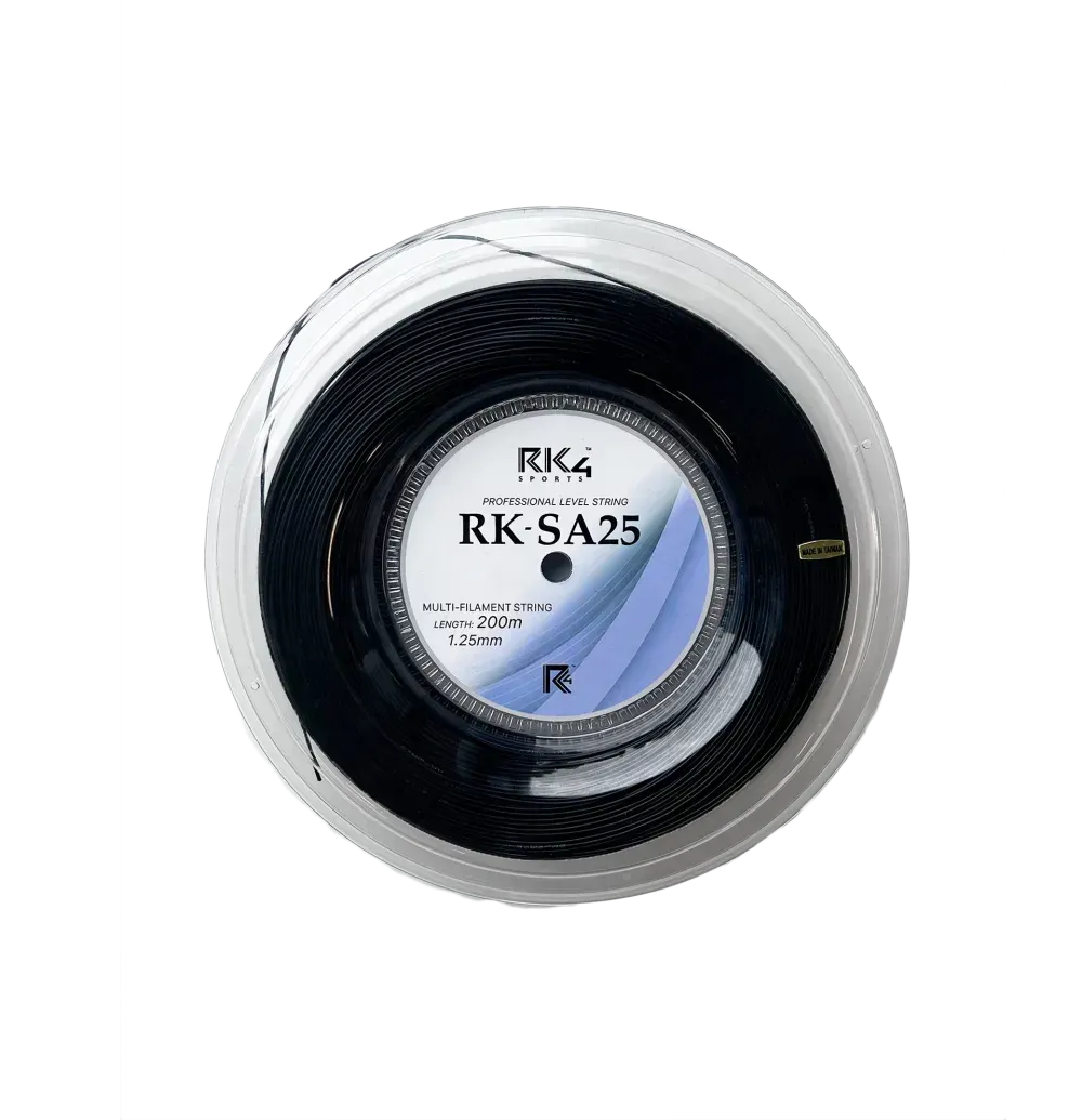 Spool of black tennis string with white label;